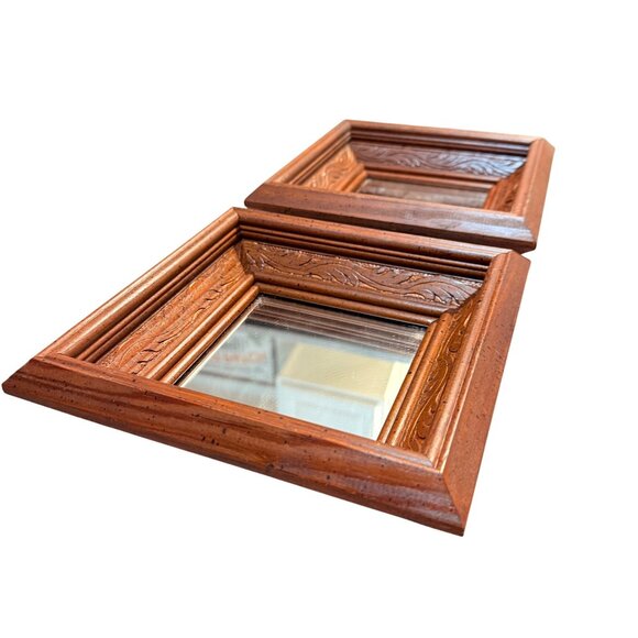 Wooden Framed Carved Sunken Wall Mirror Set of 2 Gallery Wall VTG Square Diamond - Picture 5 of 16